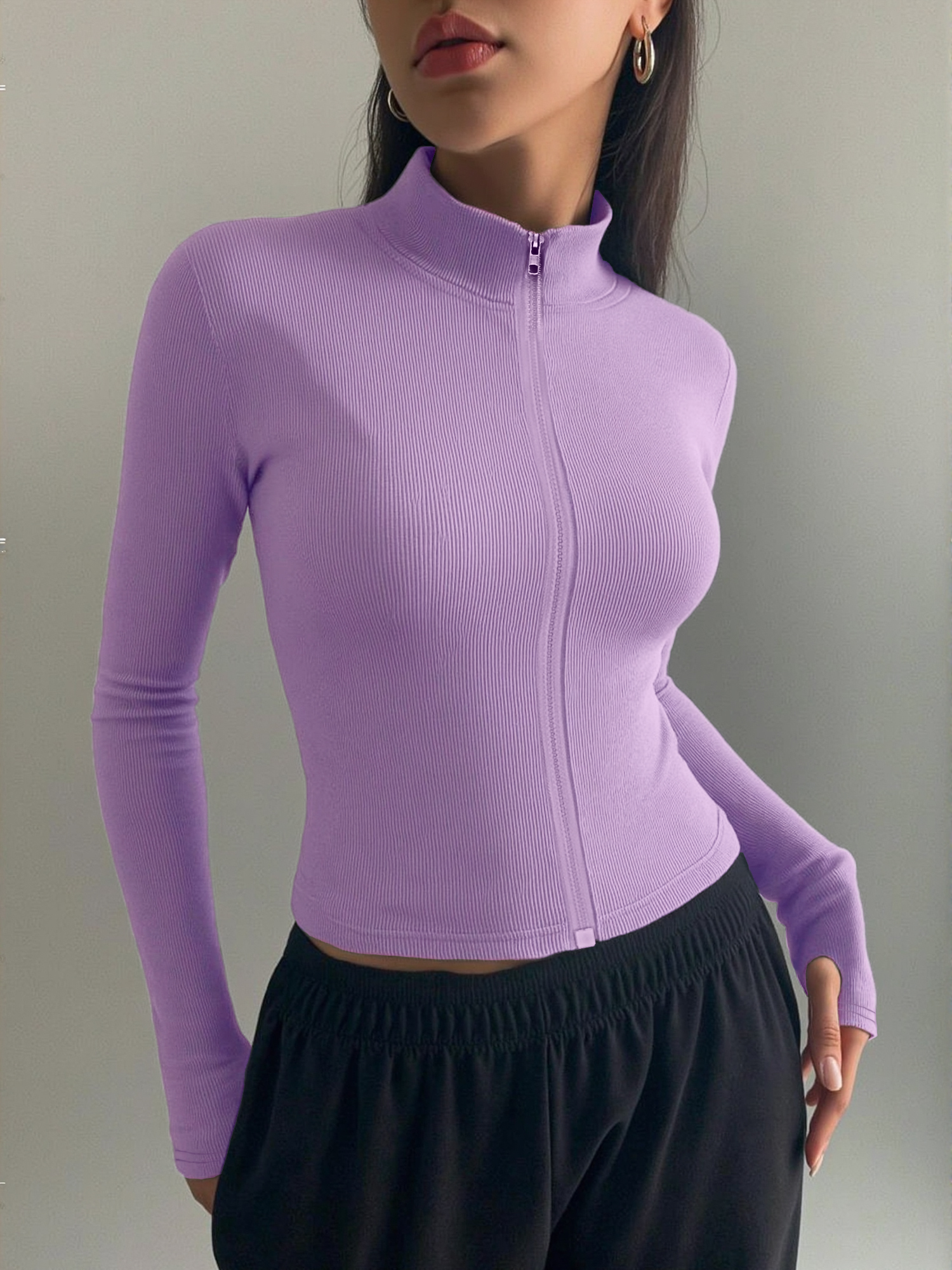 Coffee & Tea Phúc Long - Casual Ribbed High Neck Zip-Up Top,